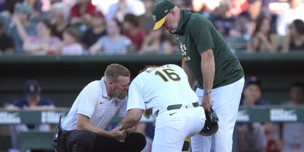 Nick Kurtz exits after hit-by-pitch to left forearm Nick Kurtz exits after hit-by-pitch to left forearm