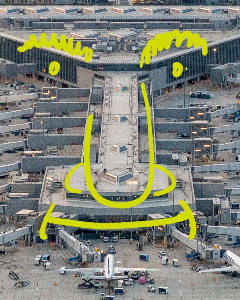 I Am Newark Airport. And I’m Trying. Newark Airport with an overlay illustration of a face