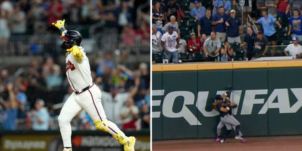 Ronald Acuña Jr. hits home run after it deflects off two Marlins players