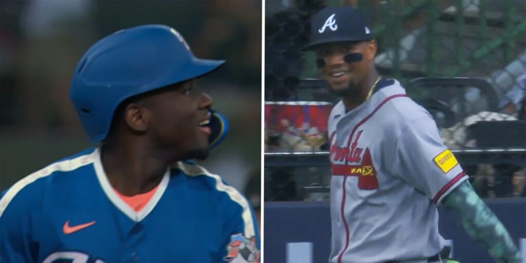 Ronald Acuña Jr. shares smile with Luis Lara after throwing him out