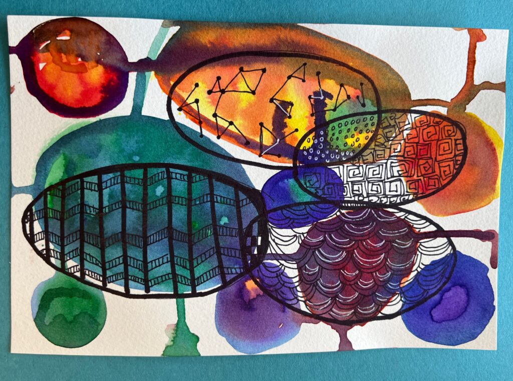 colorful watercolor and ink drawing of round and oval shapes