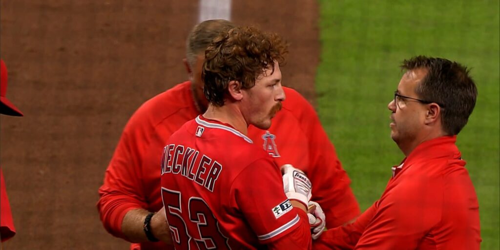 Wade Meckler exits Angels game after getting hit in head