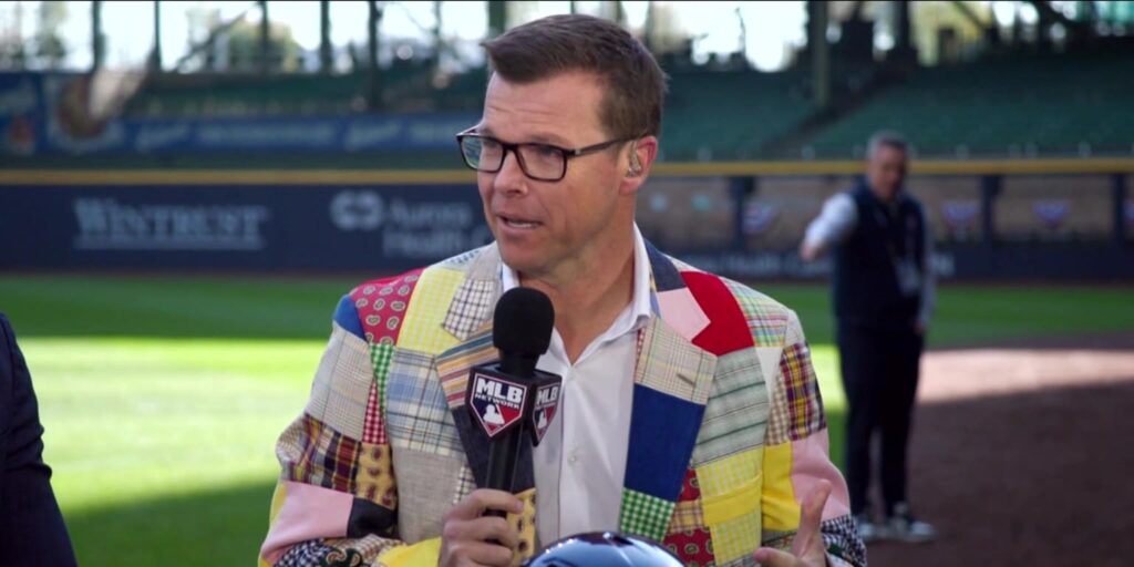Brewers announcers wearing Bob Uecker jackets during 2026 World Series Game 1