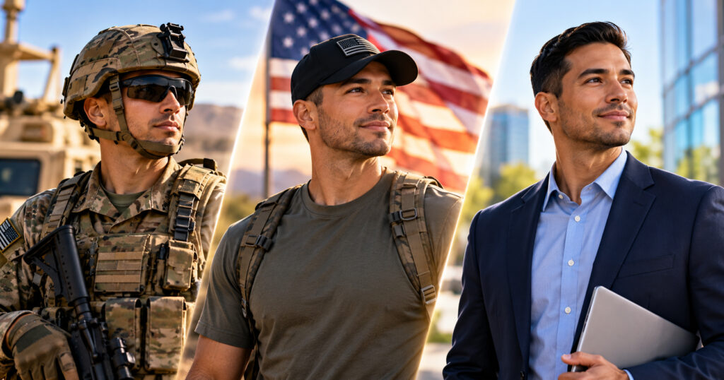 Man wearing professional clothes, a military uniform and carrying a backpack in separate scenes